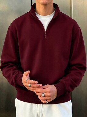 Burgundy Men's Casual Preppy Printed Drop Shoulder Collar Zip-Up Sweatshirt
